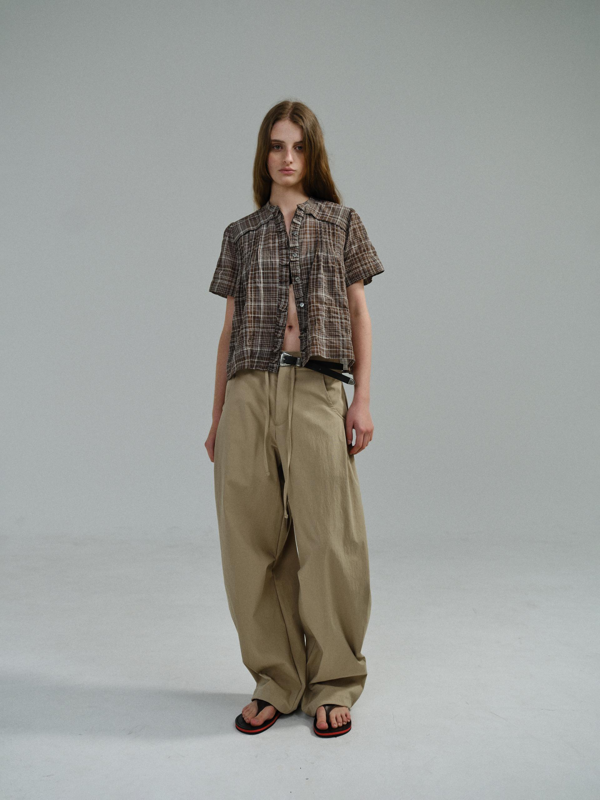 frill pintuck blouse (brown check)