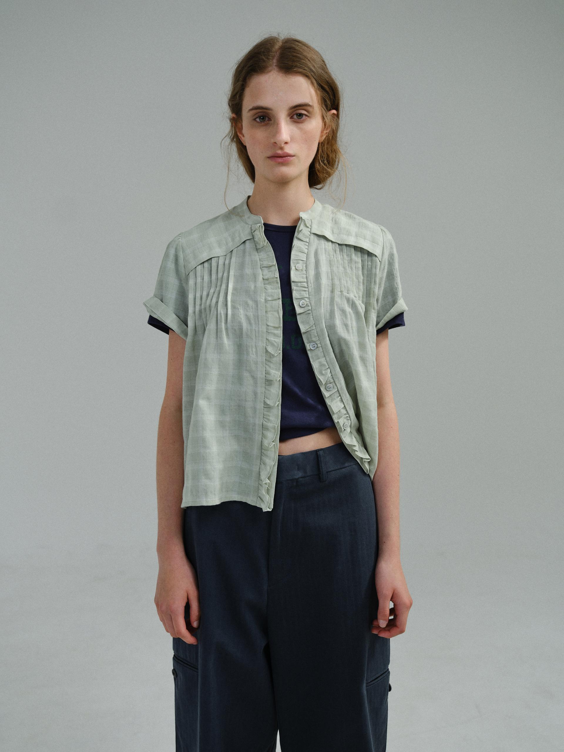 frill pintuck blouse (mint check)