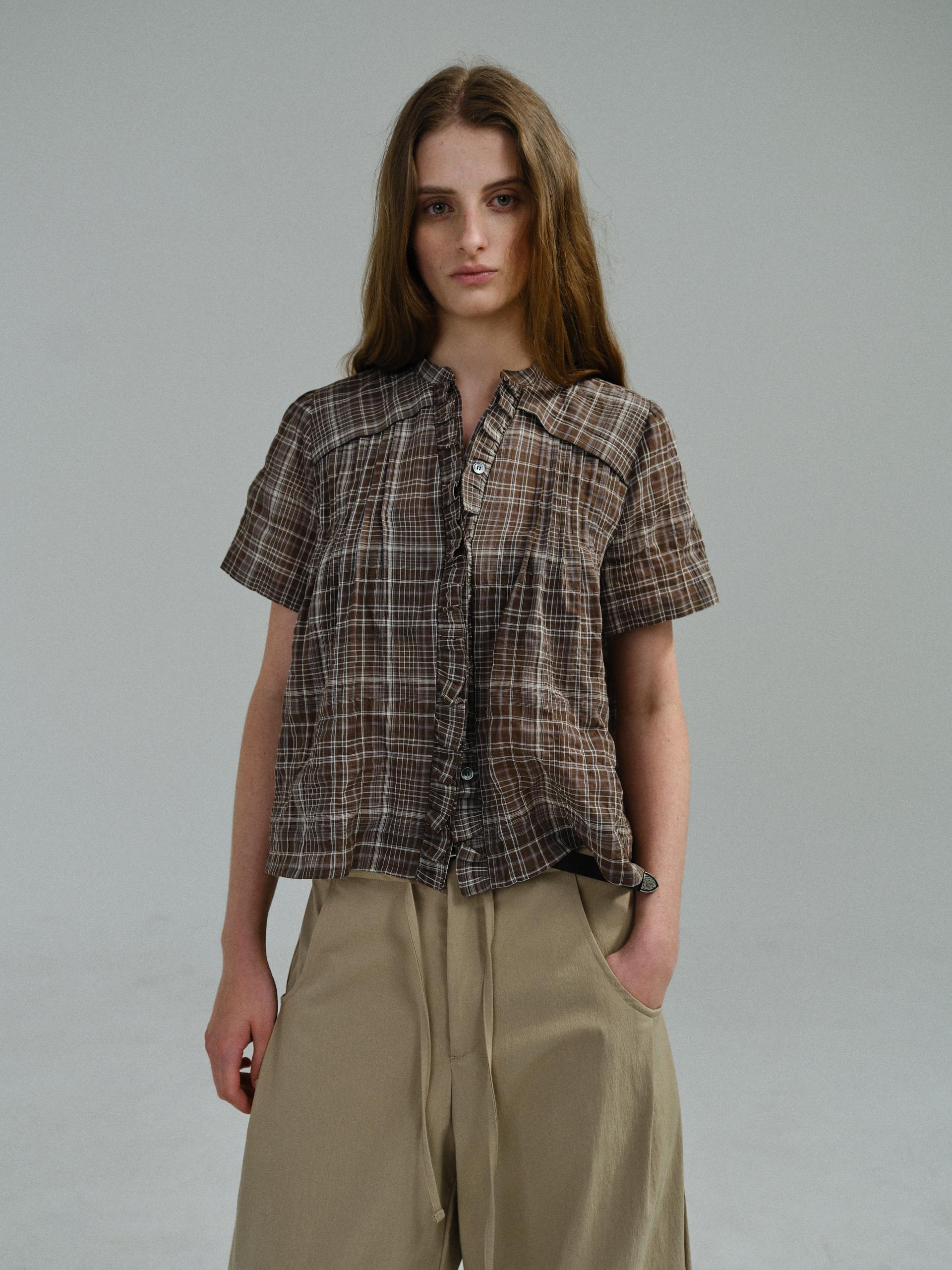 frill pintuck blouse (brown check)