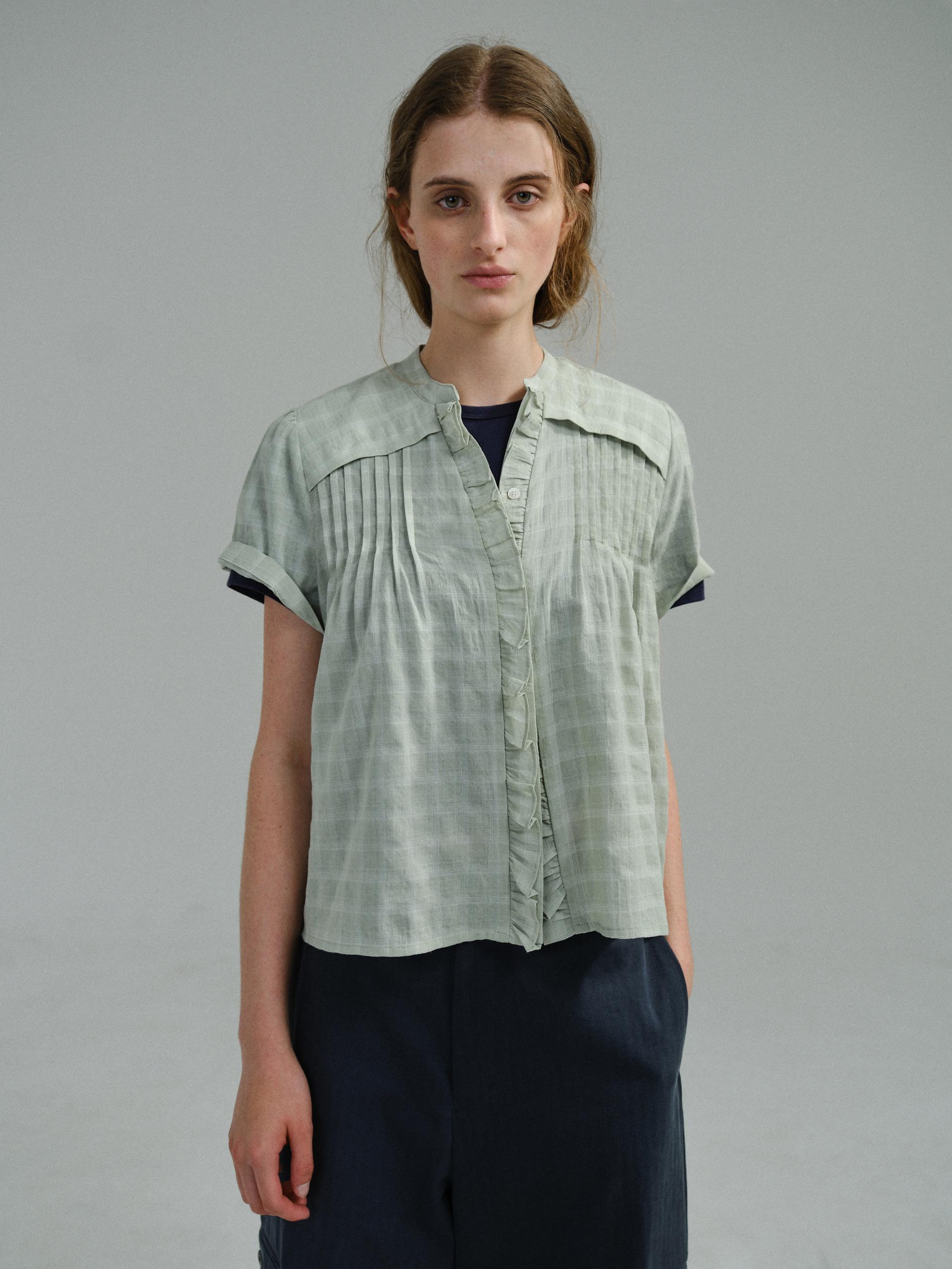 frill pintuck blouse (mint check)
