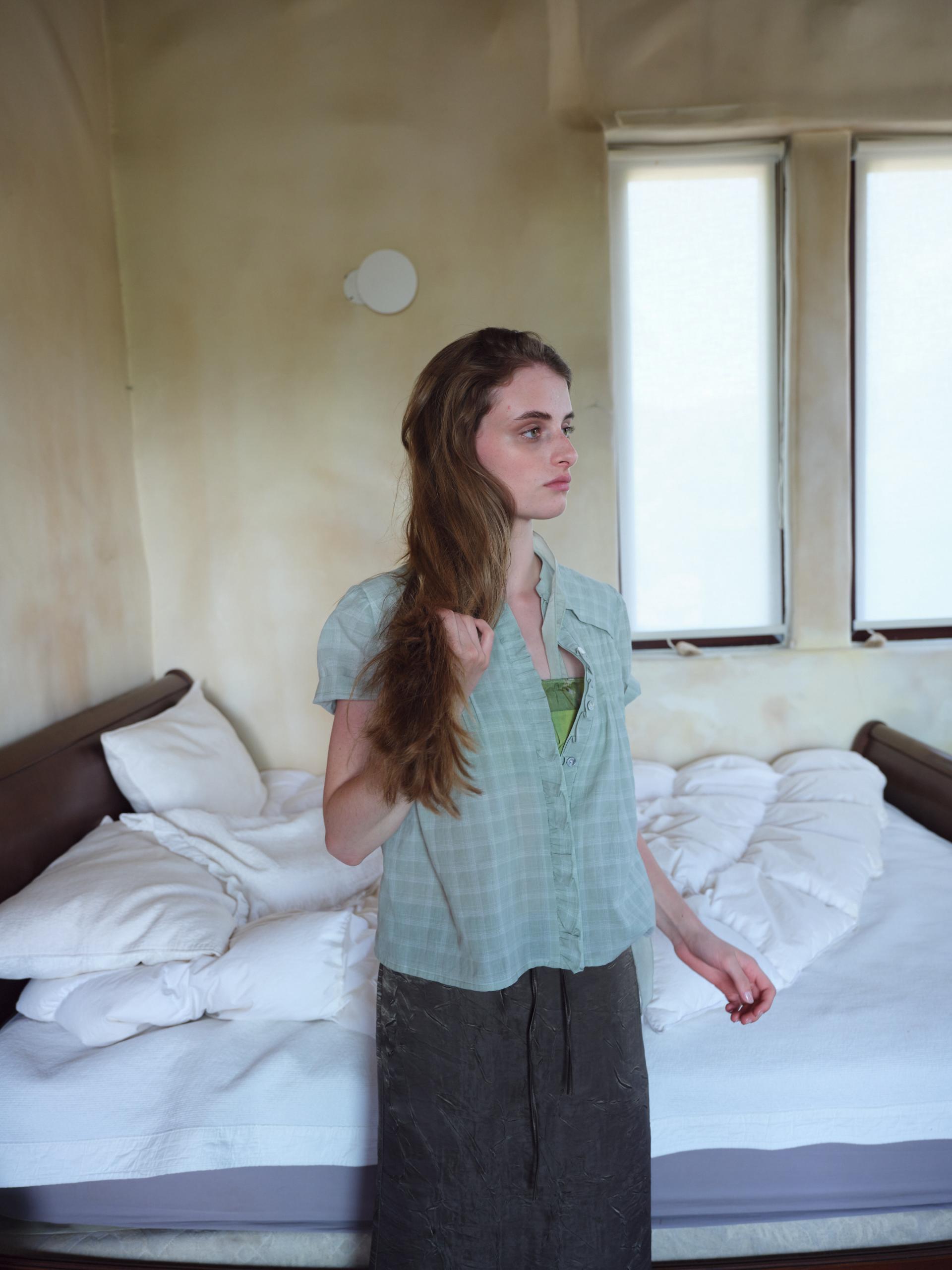 frill pintuck blouse (mint check)