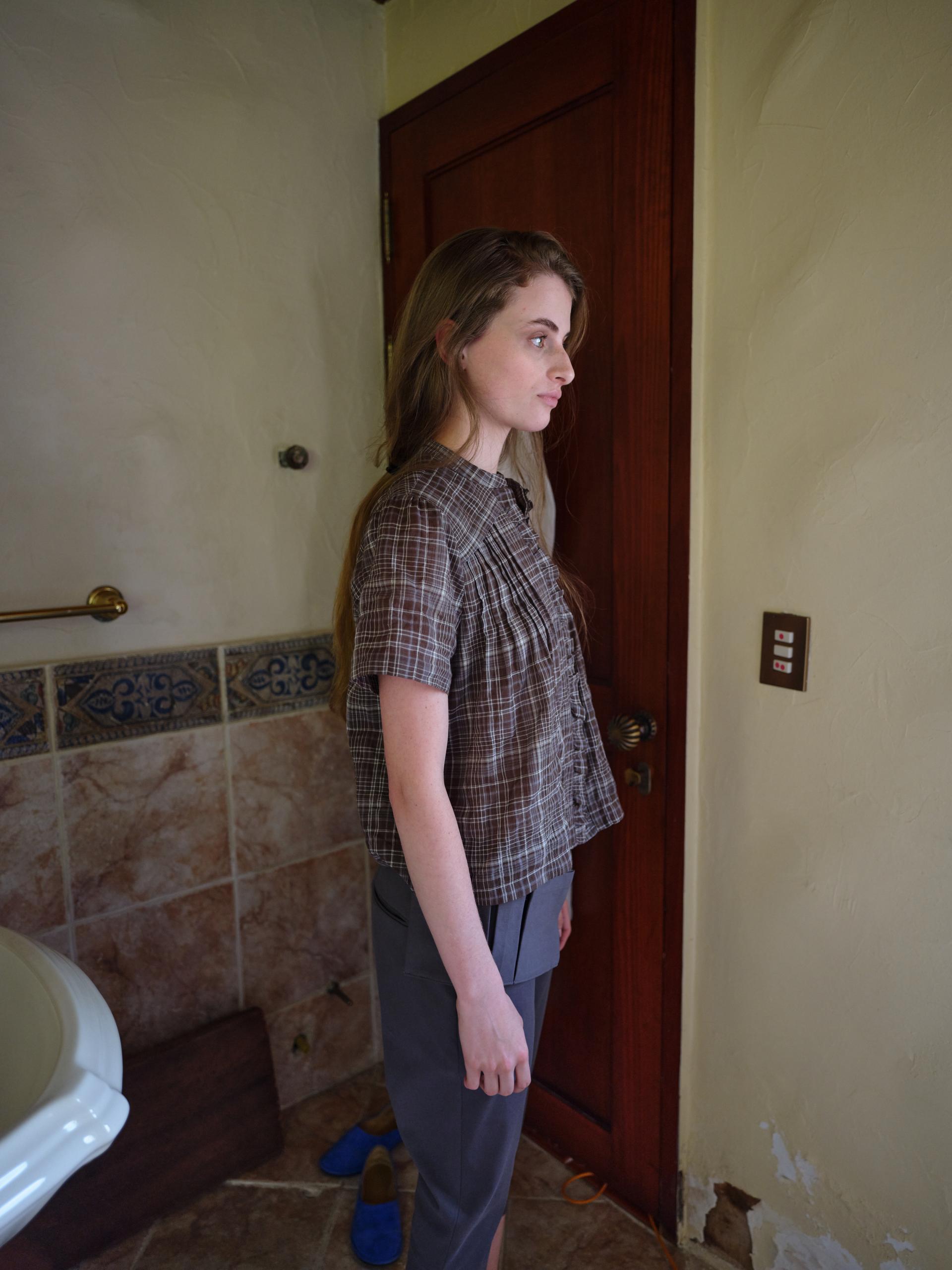 frill pintuck blouse (brown check)