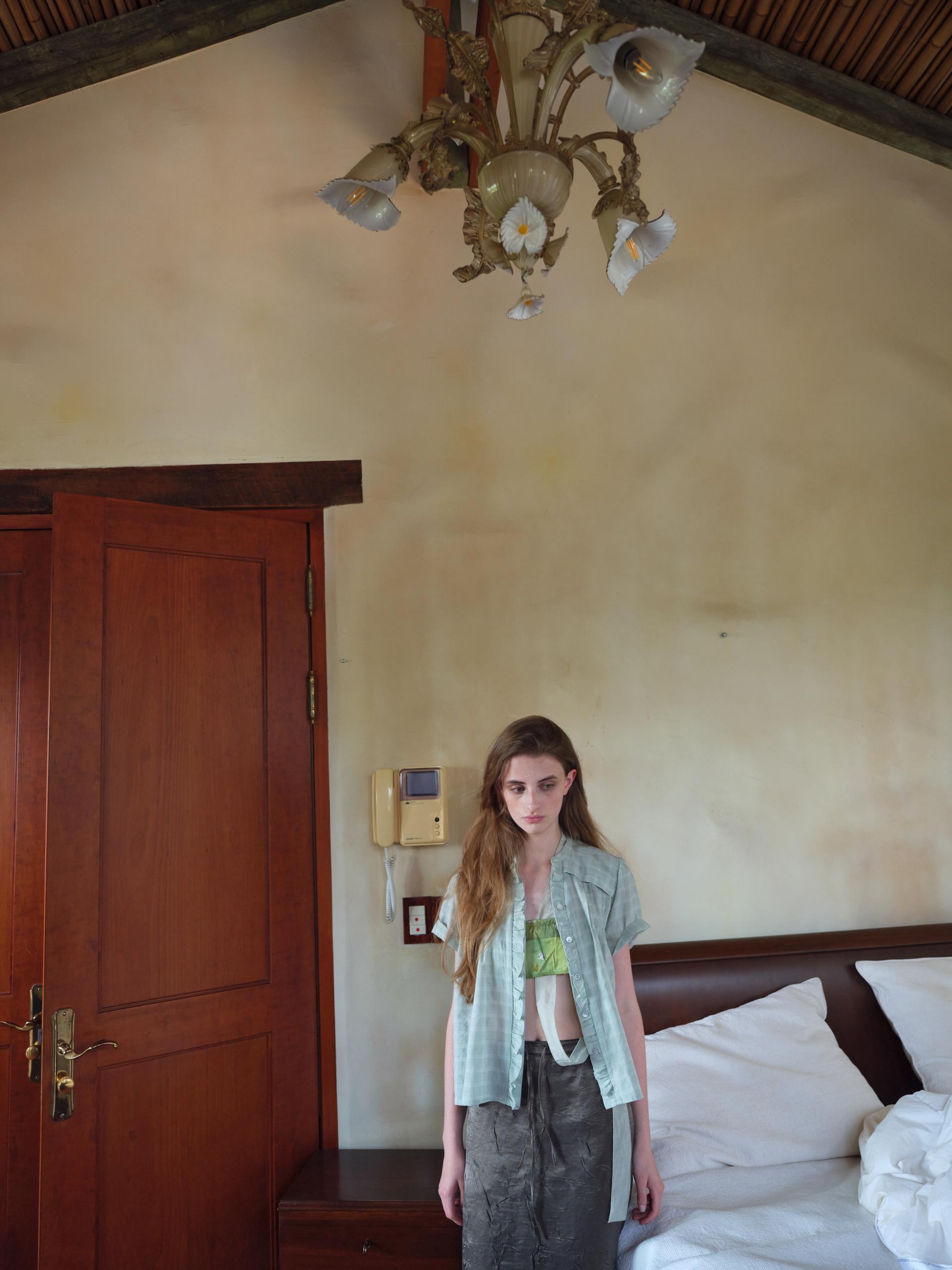 frill pintuck blouse (mint check)
