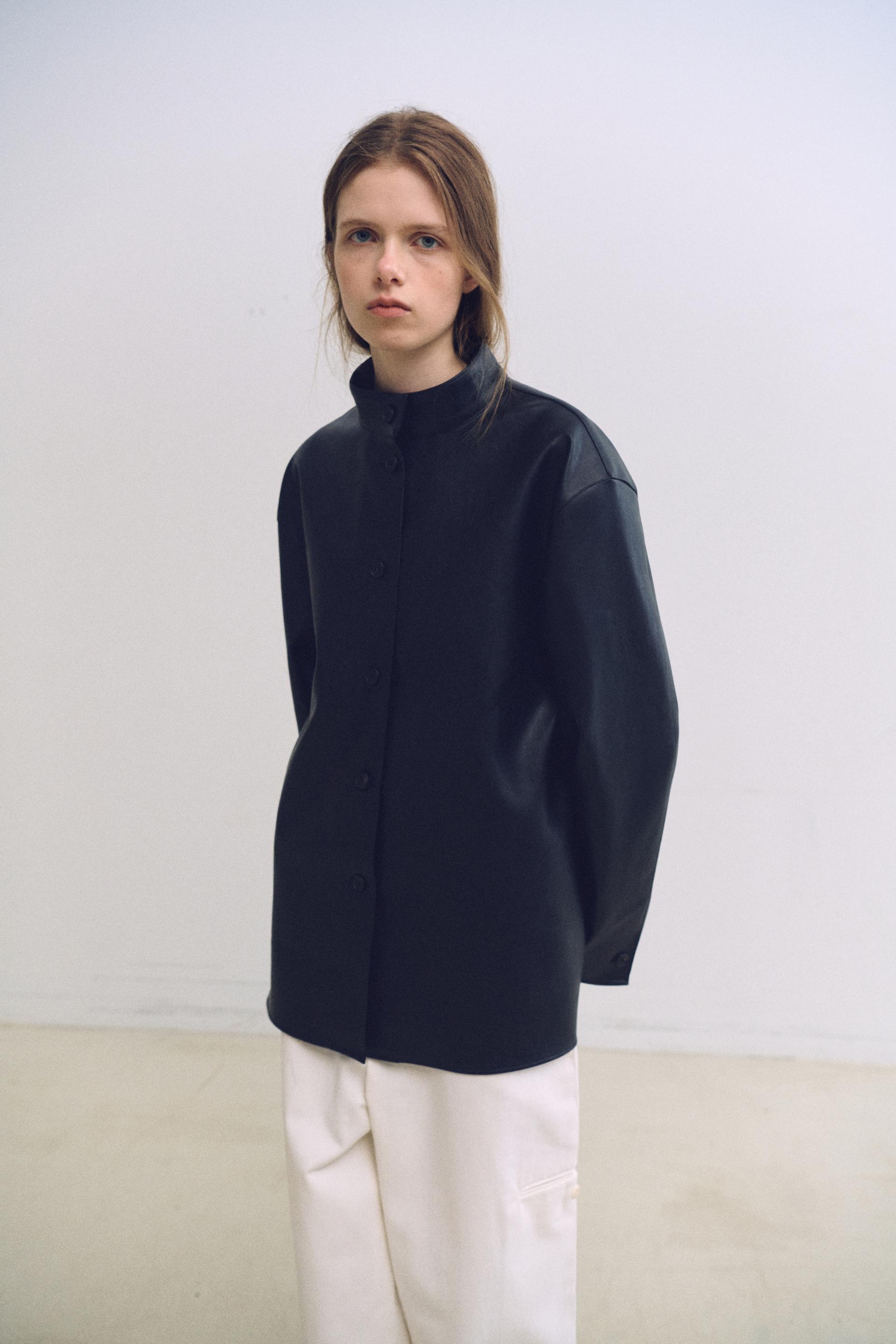 linear high neck jacket (leather black)
