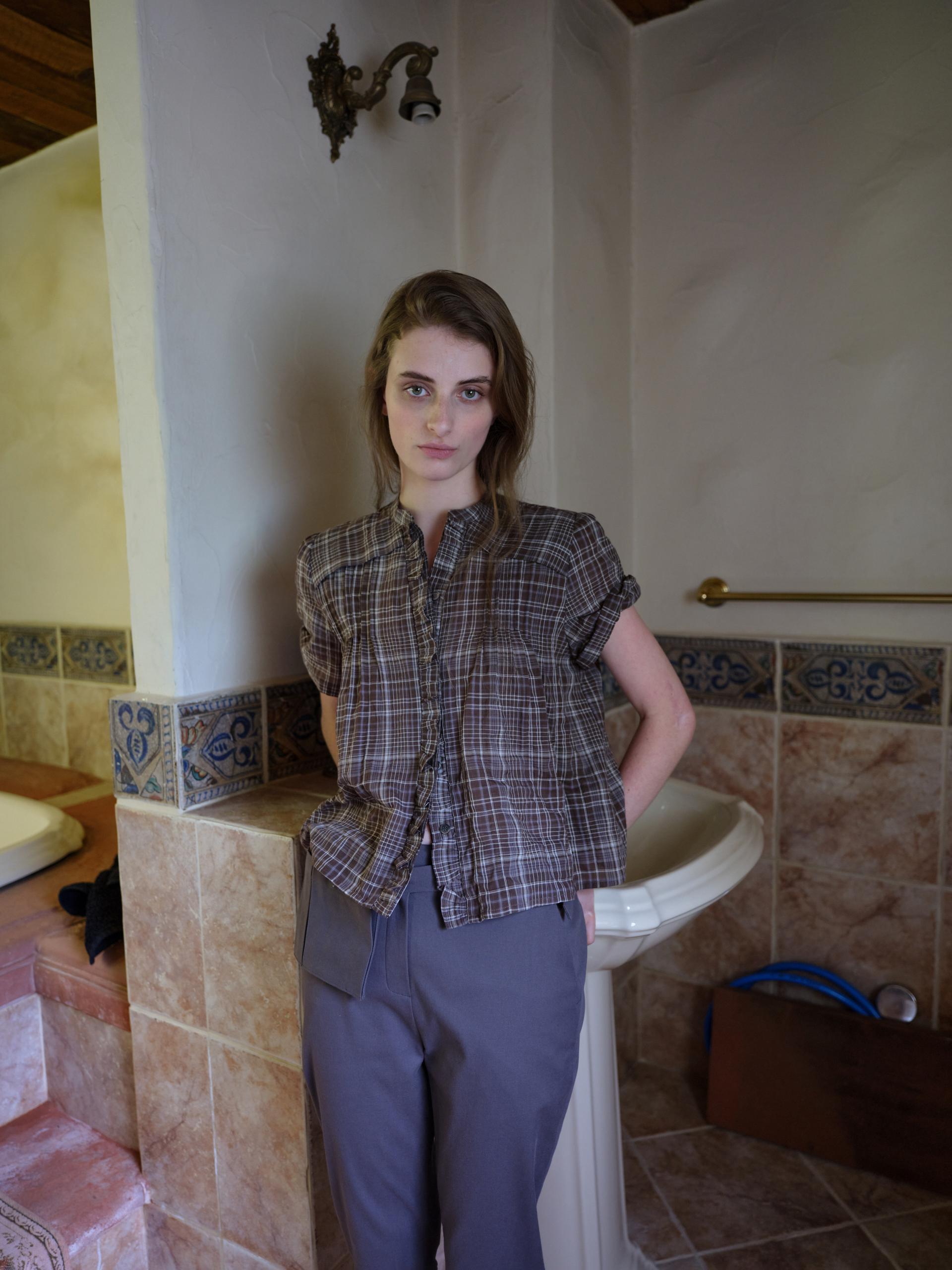 frill pintuck blouse (brown check)