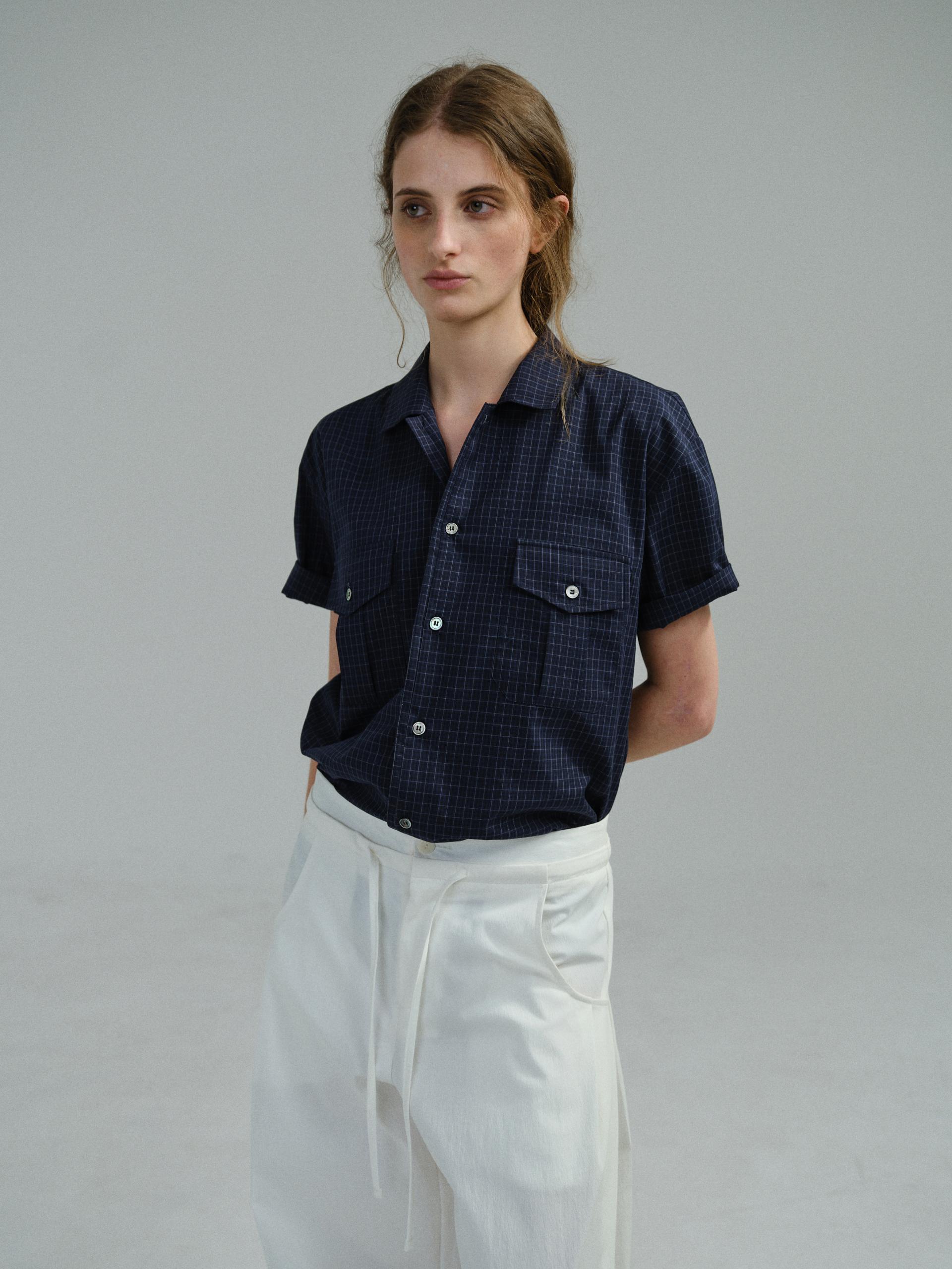 wrinkled lapel shirts (navy check)