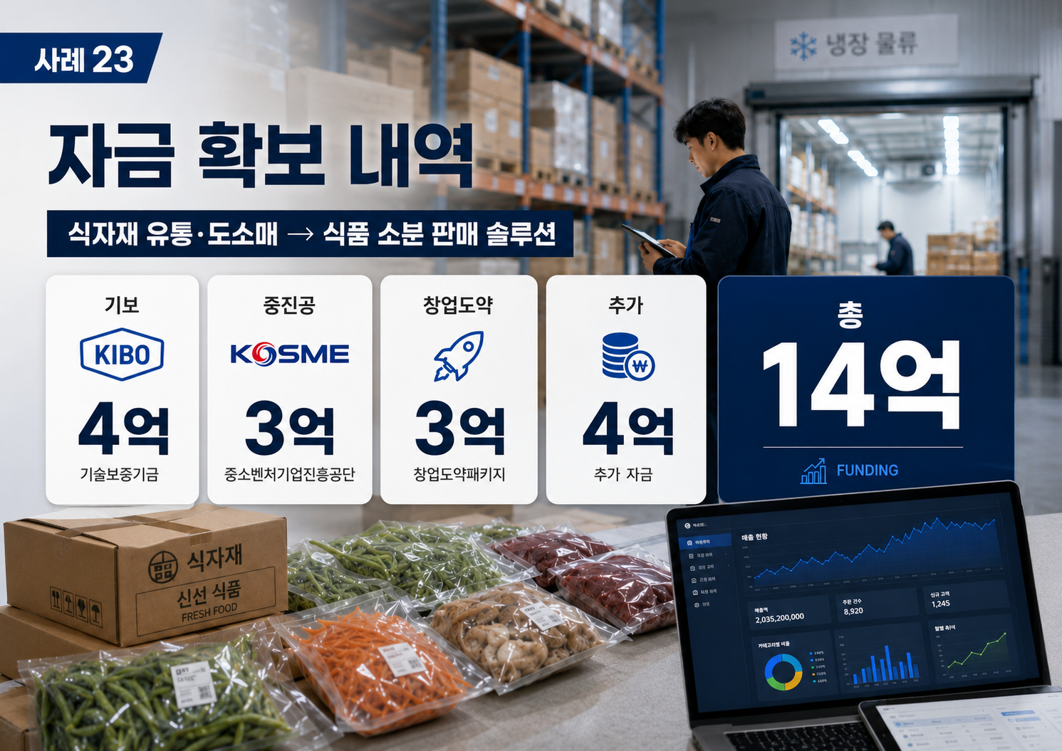 식자재 유통·도소매 기업이 식품 소분 판매 솔루션으로 전환해 14억을 확보하기까지 자금 조달 결과 카드