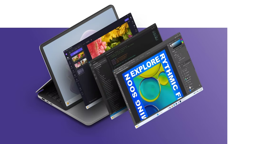 Windows의 꽃 모양 로고 화면이 표시된 Surface Laptop Studio 2. 디바이스 앞에는 Clipchamp, Visual Studio 및 Adobe Photoshop 화면이 쌓인 형태로 표시되어 있습니다.