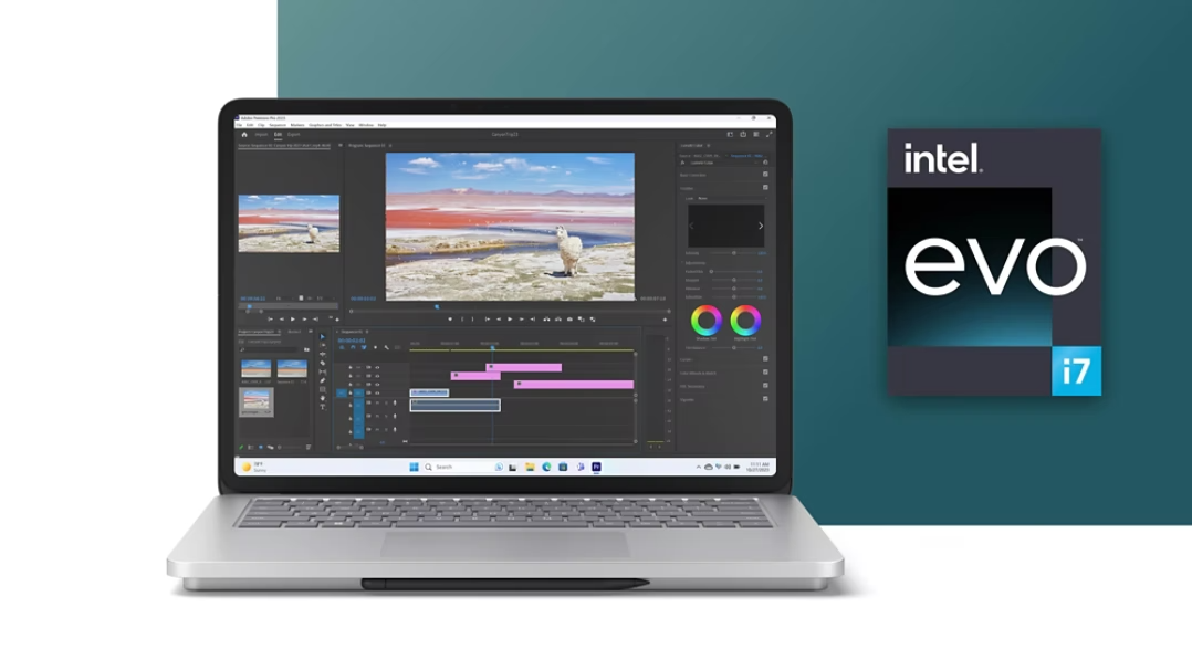 Windows의 꽃 모양 로고 화면이 표시된 Surface Laptop Studio 2. 디바이스 옆에는 Intel Evo i7 칩 이미지가 표시됩니다.