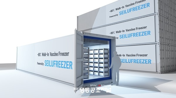 초저온 보관룸은 40피트 컨테이너 내에 냉동기 2개, 초저온 보관룸 등으로 구성돼 있다.