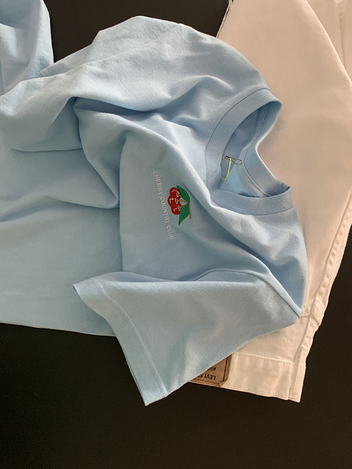 (new product) "Cherry Country Club" Embroidery T-shirt (Blue)