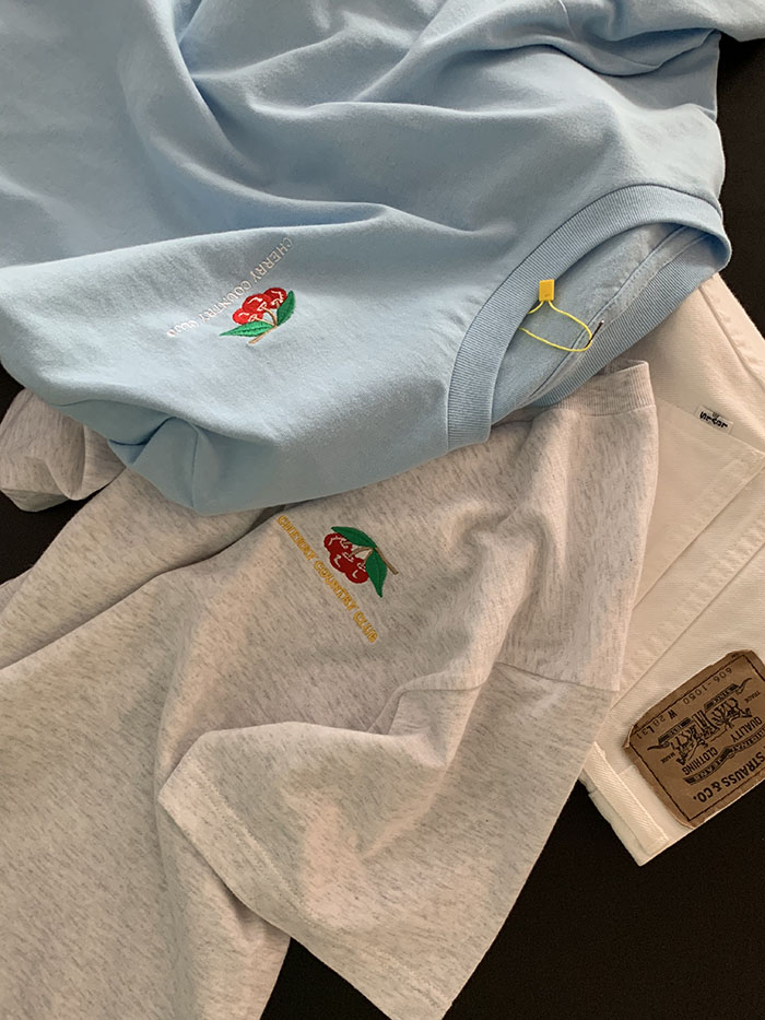 (new product) "Cherry Country Club" Embroidery T-shirt (Blue)
