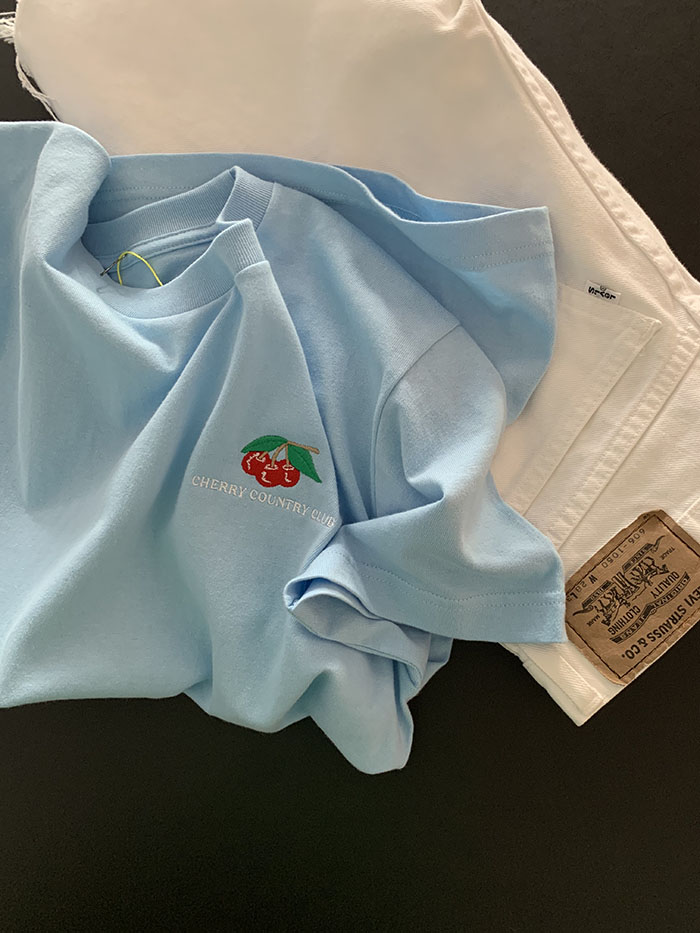 (new product) "Cherry Country Club" Embroidery T-shirt (Blue)