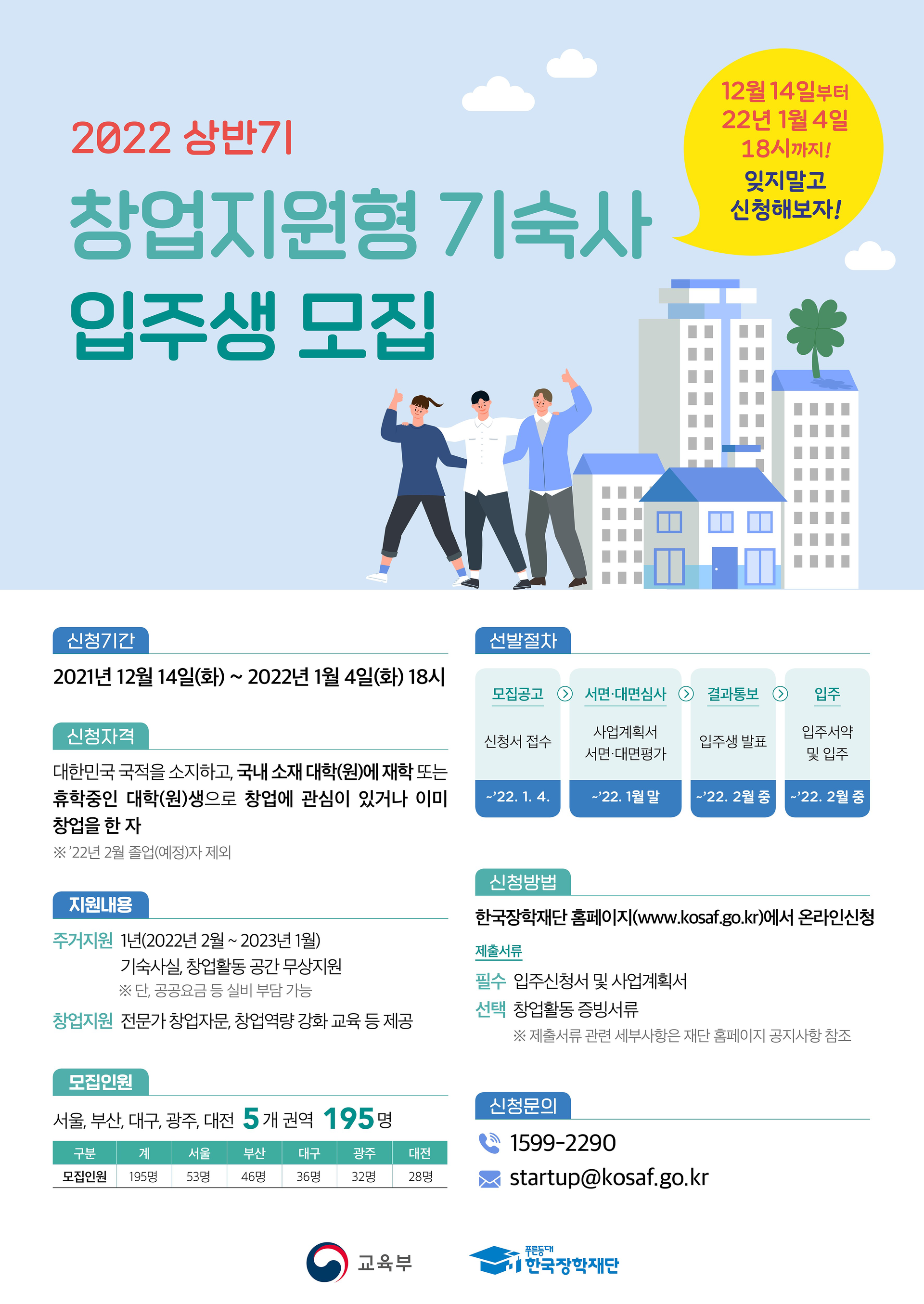 한국장학재단 2022 상반기 창업지원형 기숙사 입주생 모집(~22. 1. 4.) : 공지사항