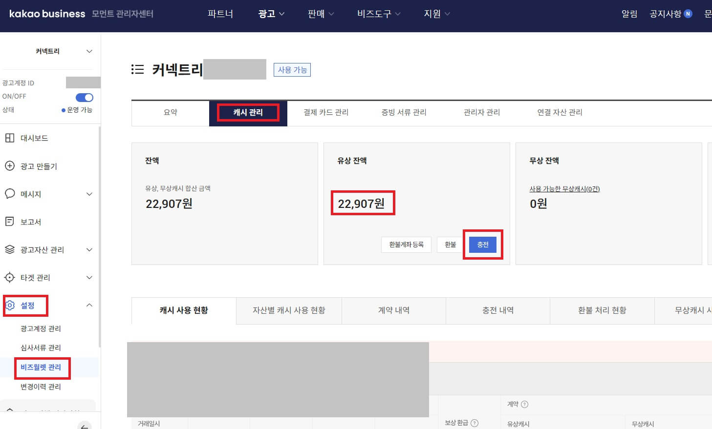 카카오비즈니스 계정 광고비용 충전