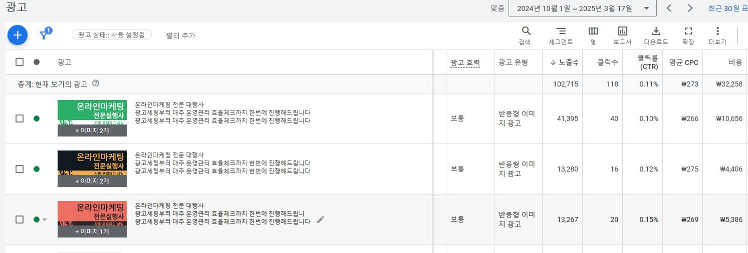구글광고 소재별 데이터
