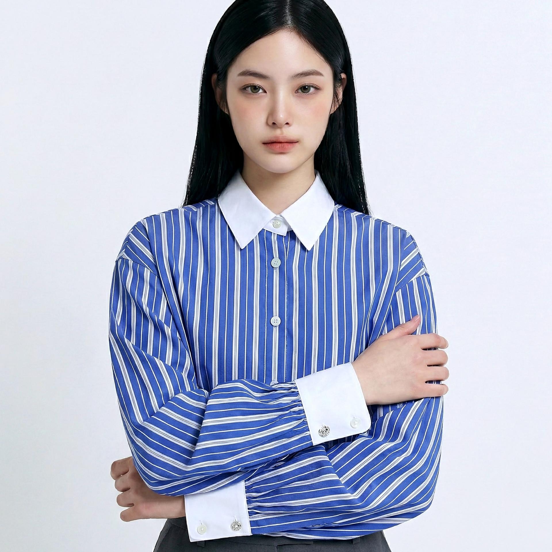 더블 스트라이프 퍼프 소매 셔츠