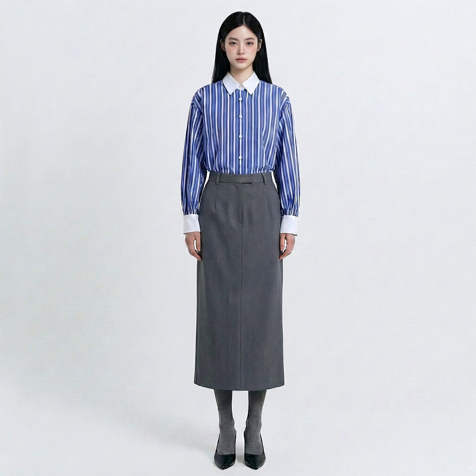 더블 스트라이프 퍼프 소매 셔츠