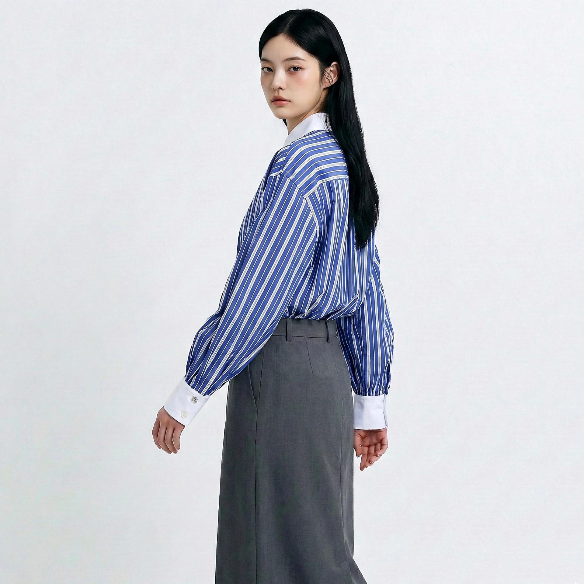 더블 스트라이프 퍼프 소매 셔츠
