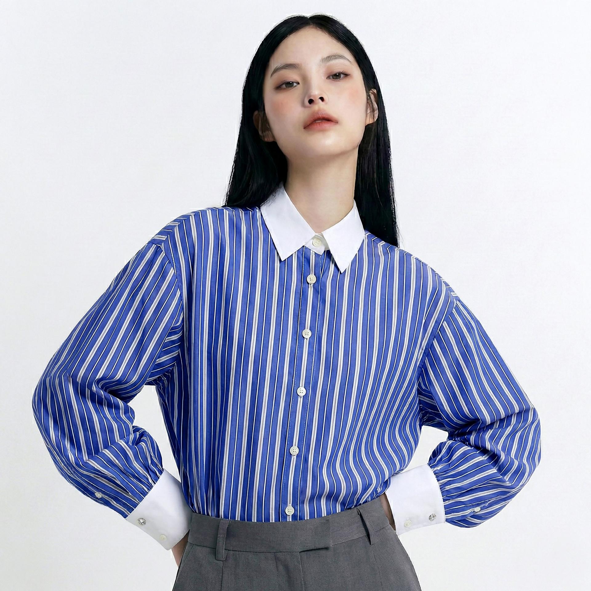더블 스트라이프 퍼프 소매 셔츠