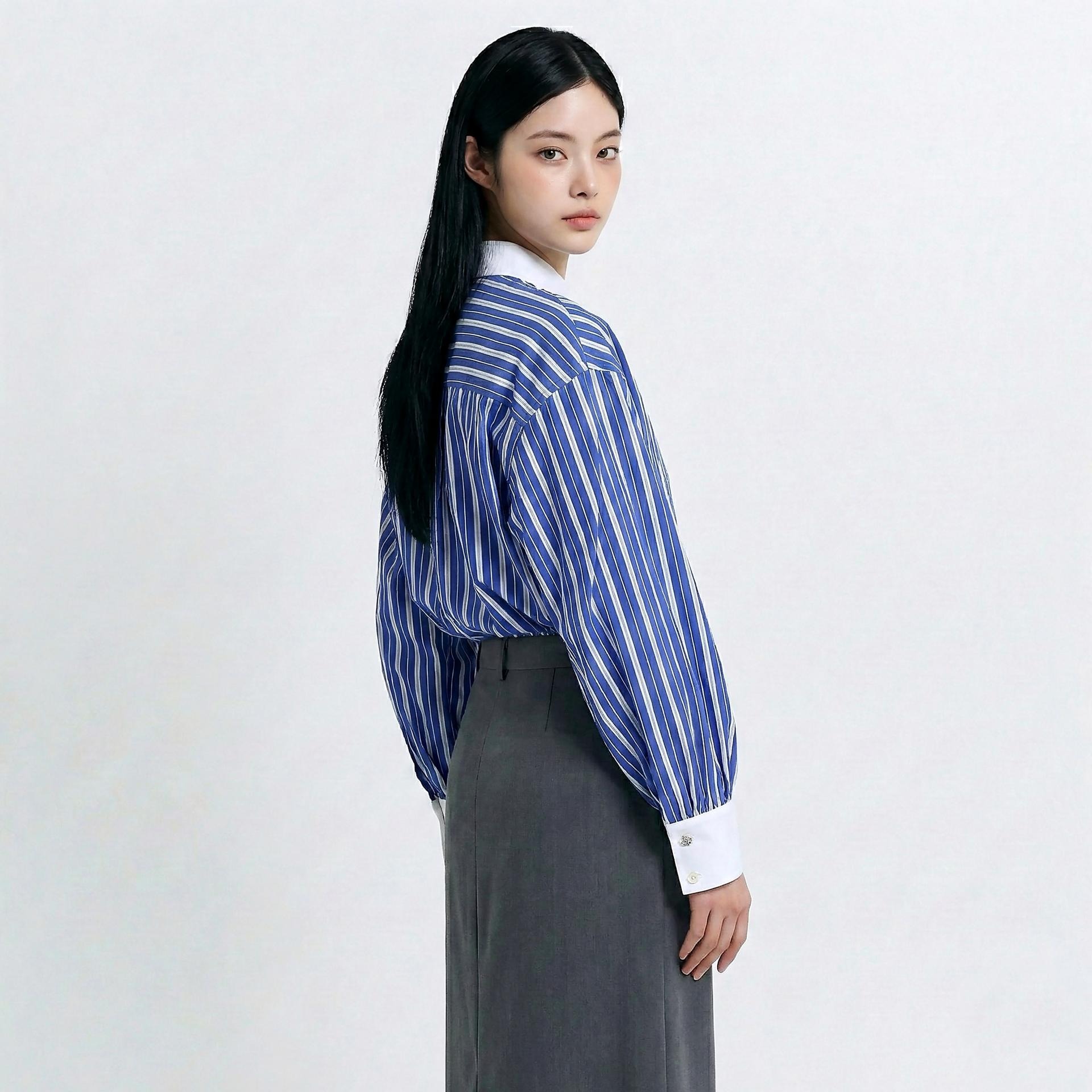 더블 스트라이프 퍼프 소매 셔츠