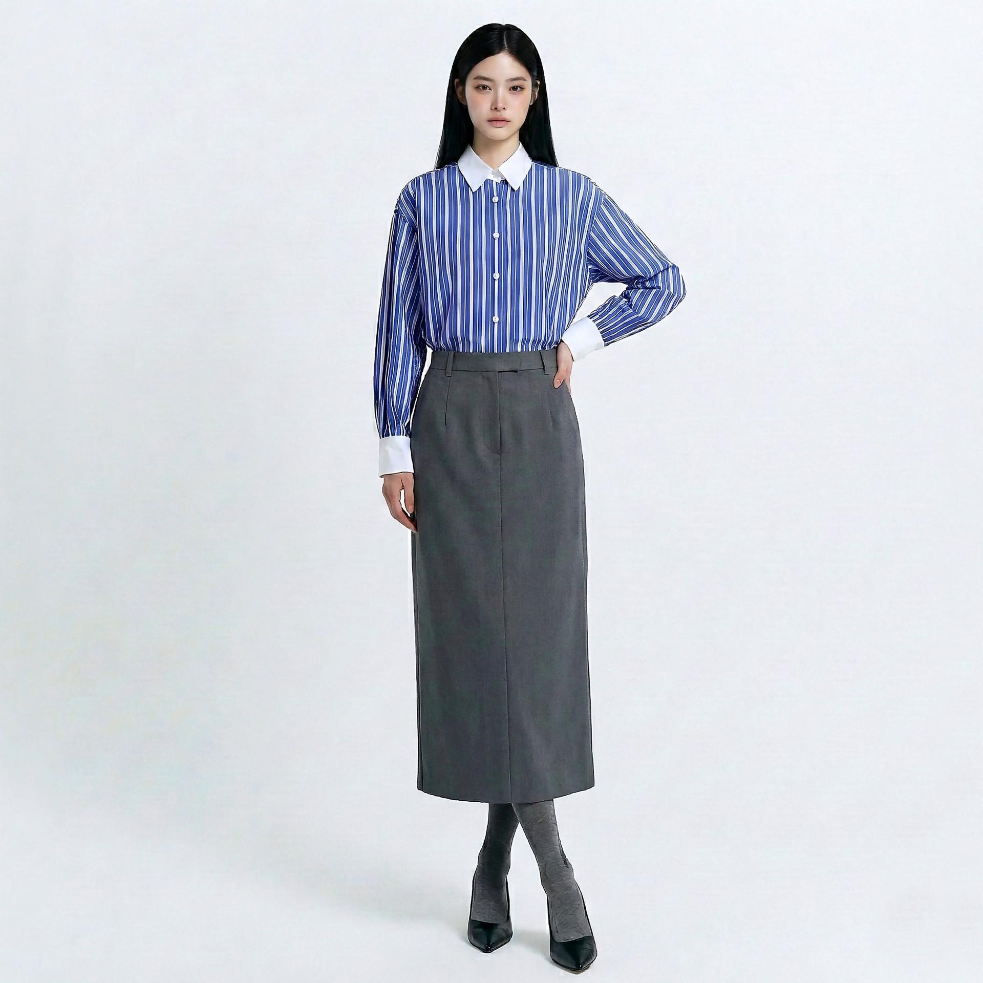 더블 스트라이프 퍼프 소매 셔츠