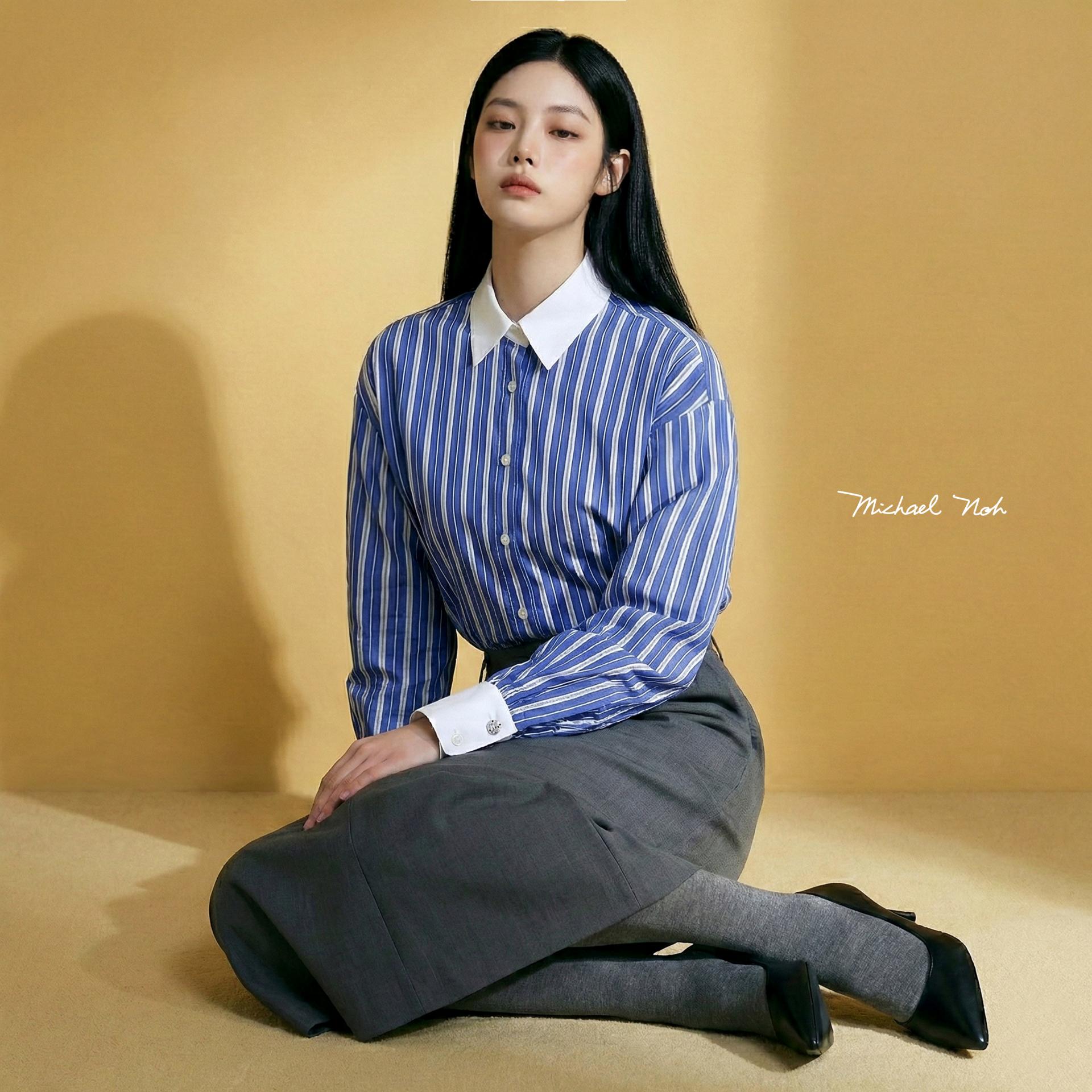 더블 스트라이프 퍼프 소매 셔츠