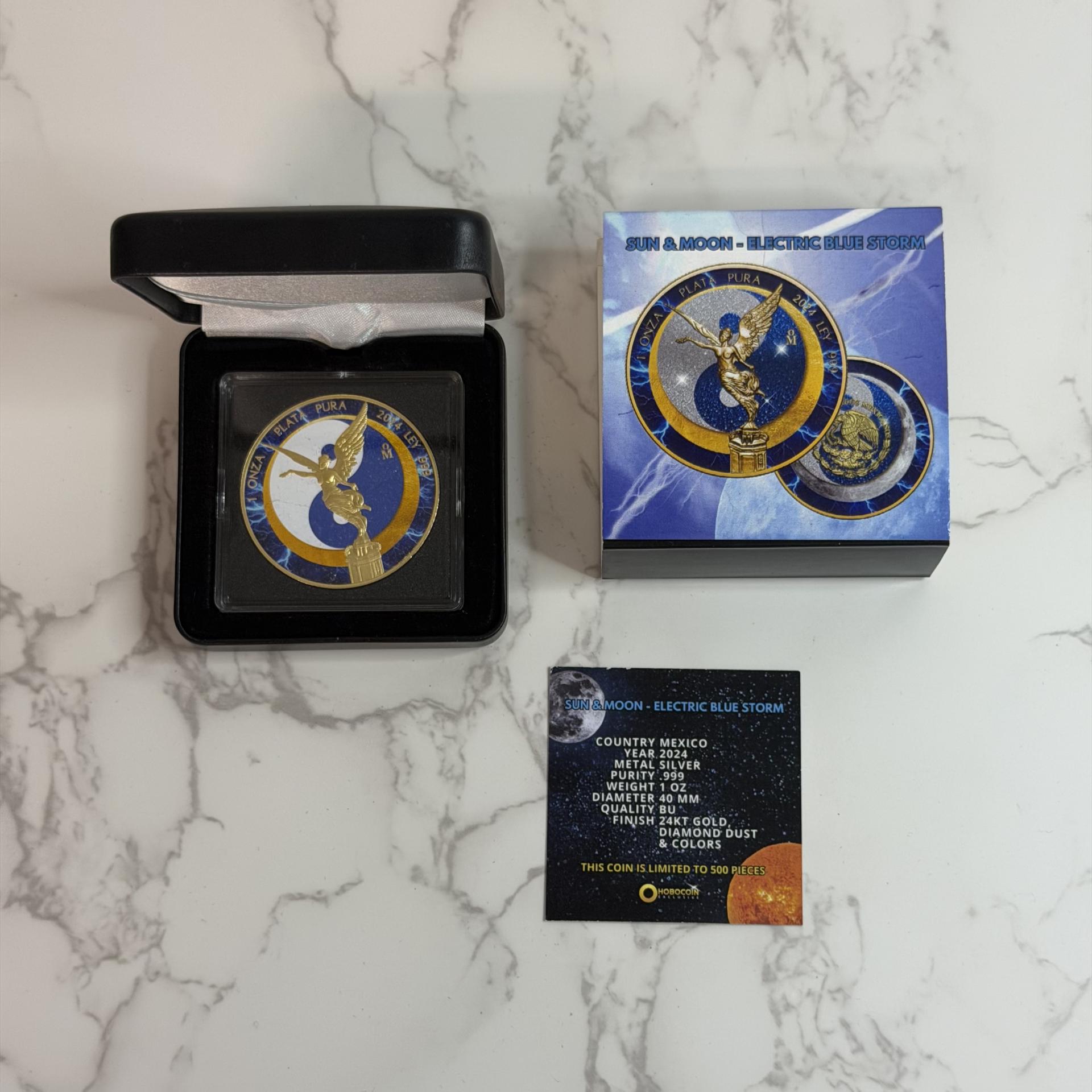 Libertad Sun & Moon Electric Blue Storm Diamond Dust Silver Gilded Coin 1 Oz 2024