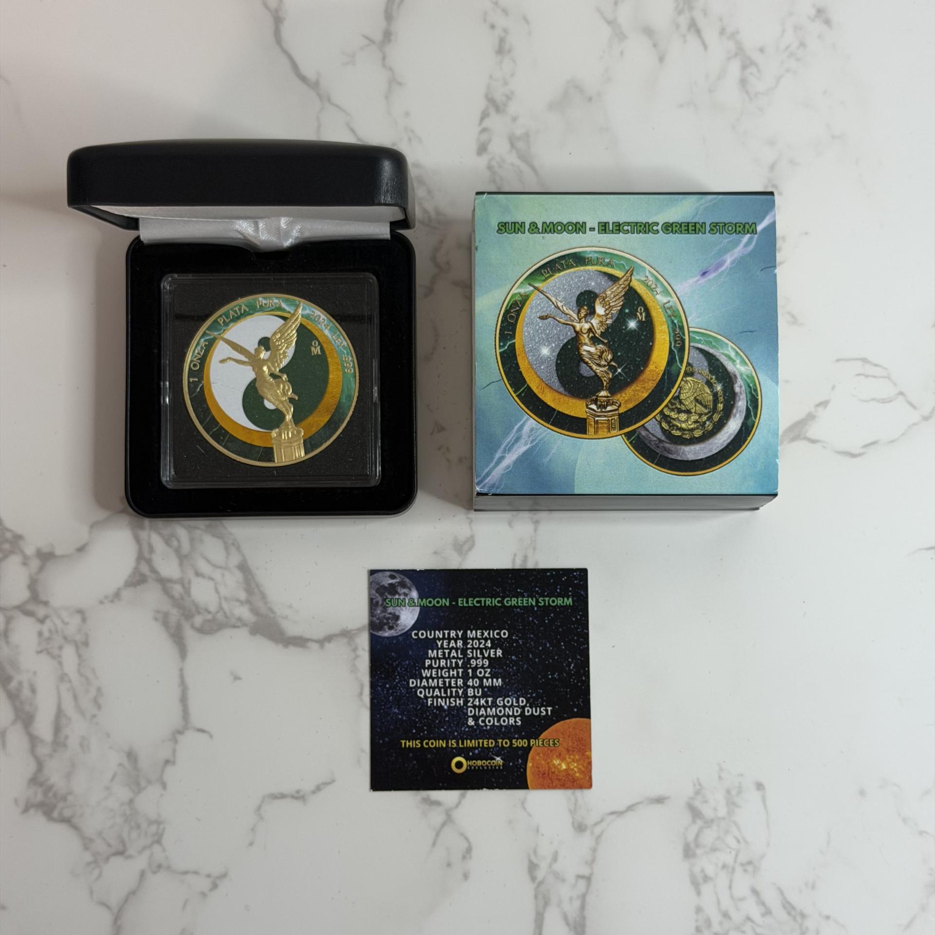 2024 Mexico Libertad Sun & Moon Electric Green Storm 1 oz Silver Coin