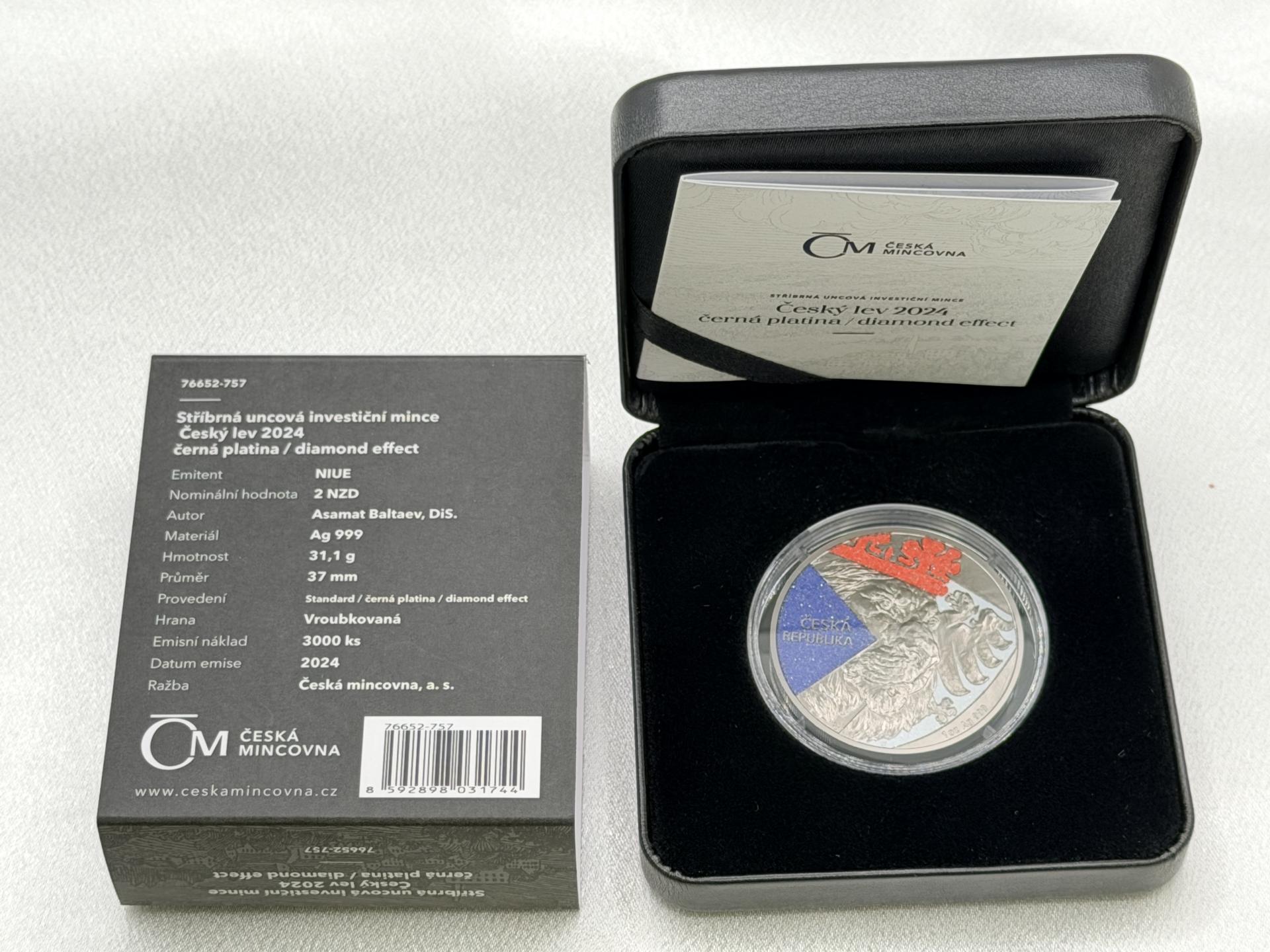 2024 Niue Czech Lion Black Platinumwith Diamond Eﬀect 1 oz Silver Coin