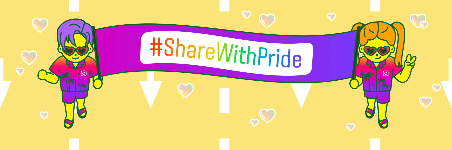 인스타그램 야자수 셔츠와 바지를 입은 두 캐릭터가 긴 보라색 현수막의 양끝을 들고 있다. 현수막의 중앙에는 "해시태그 Share With Pride"라는 글자가 써있다.