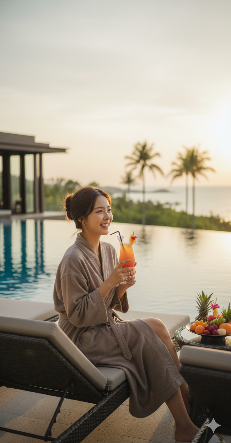 동남아시아 고급호텔에서 즐거운 시간을 보내는 여성