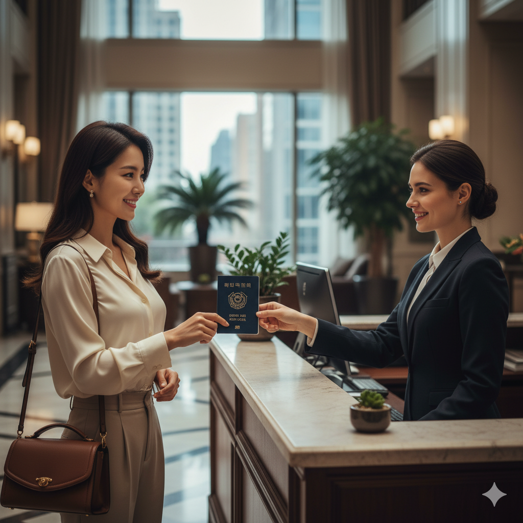 ํธํ
์์ฝํด์ ์ฒดํฌ์ธ ํ๋ ์ฌ์ฑ์ ๋ชจ์ต