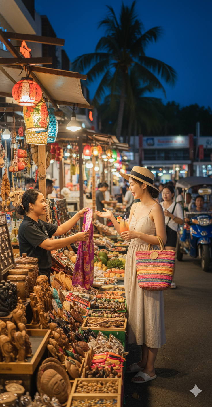 동남아시아 시장에서 쇼핑하는 여성의 모습