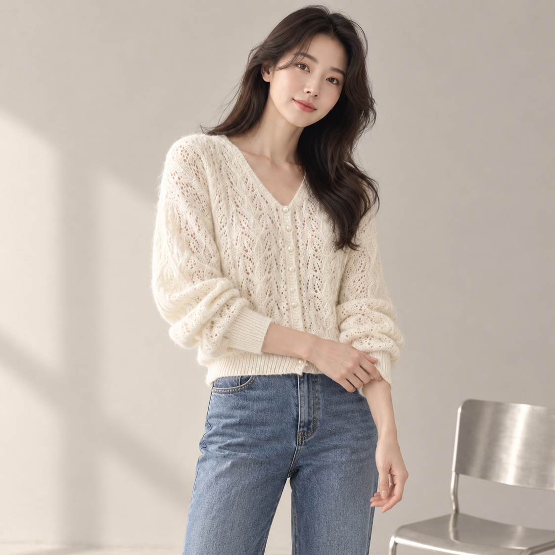 진주버튼 니트 가디건