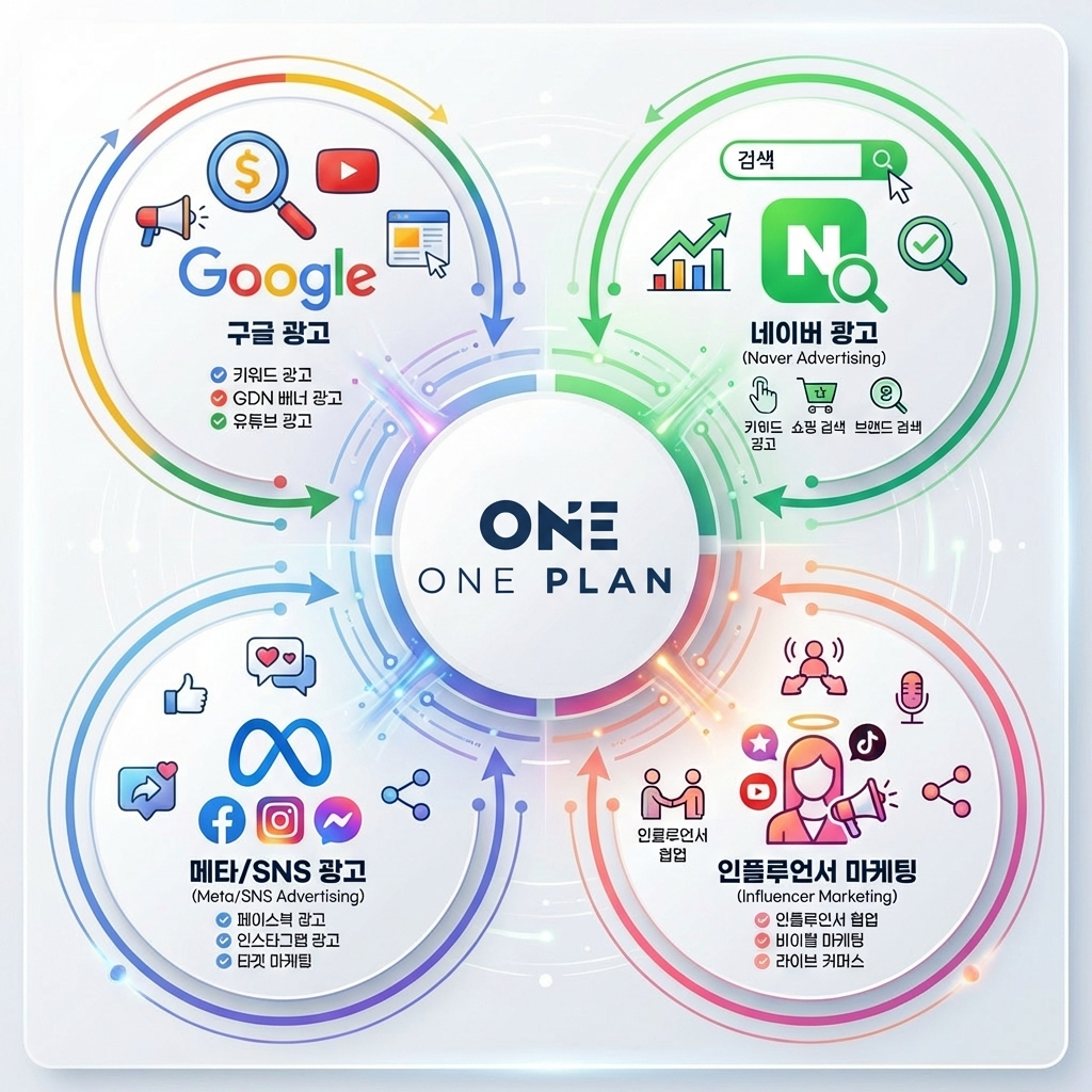 원플랜마케팅 통합 광고 대행 서비스 개요 인포그래픽