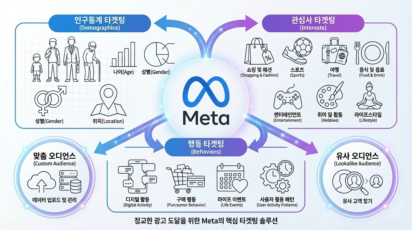 메타광고 타겟팅 인구통계 타겟팅, 관심사 타겟팅, 맞춤 오디언스, 유사 오디언스