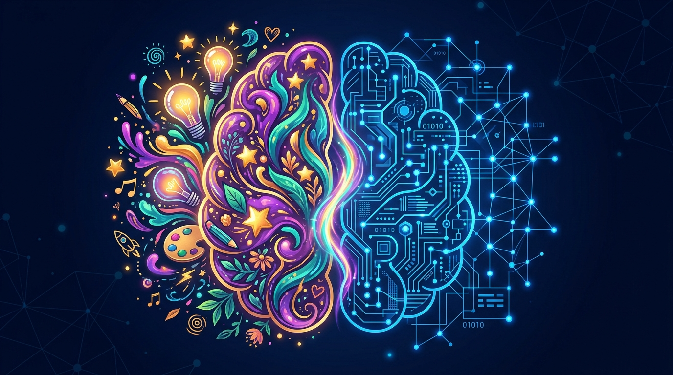 인간 뇌를 반으로 나눈 일러스트: 왼쪽은 전구, 물감, 별 등 창의적 요소로, 오른쪽은 AI 신경망과 회로 패턴으로 채워져 중앙에서 퍼플과 틸색으로 융합되는 모습
