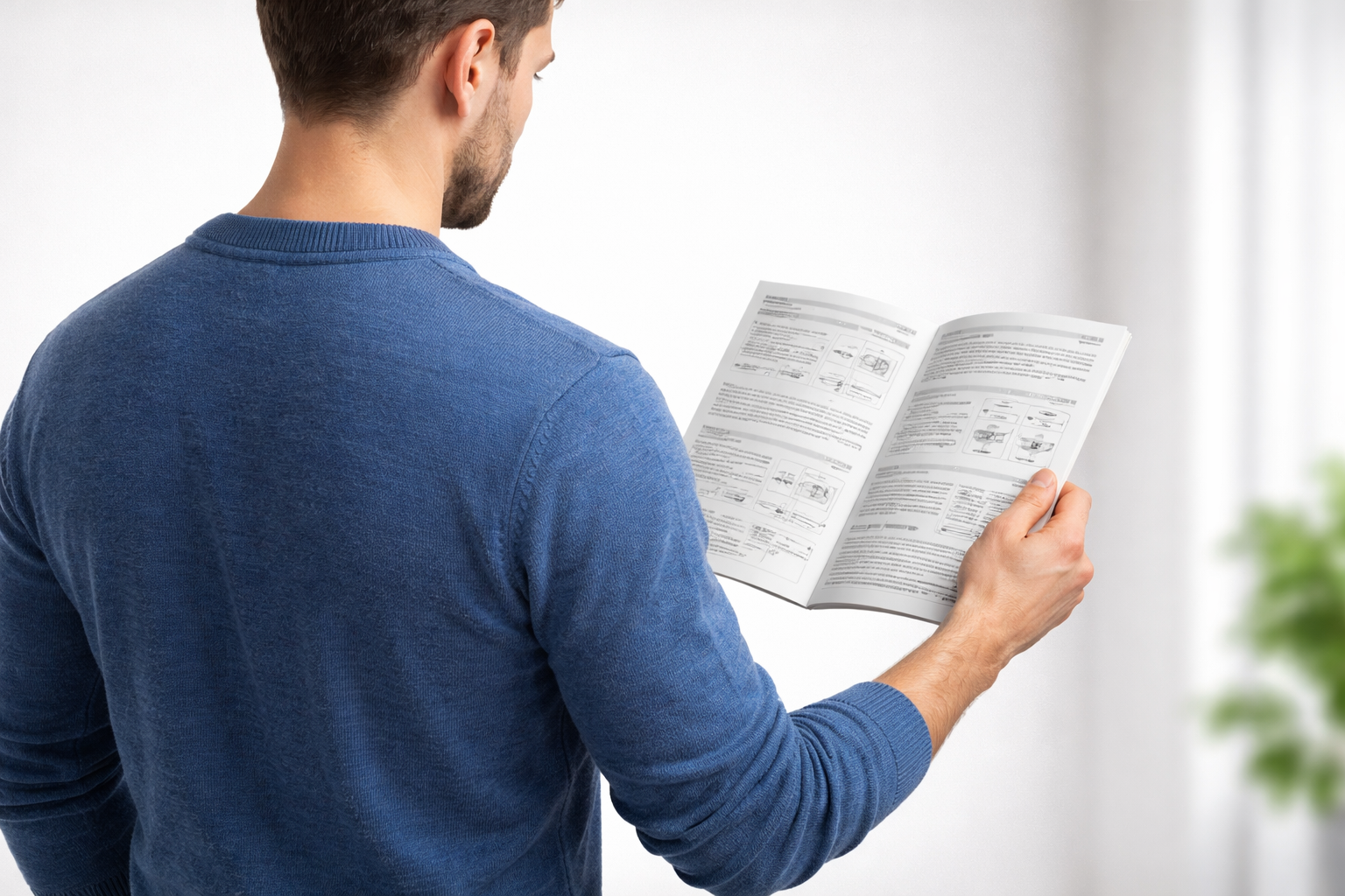 매뉴얼을 읽고 있는 남성