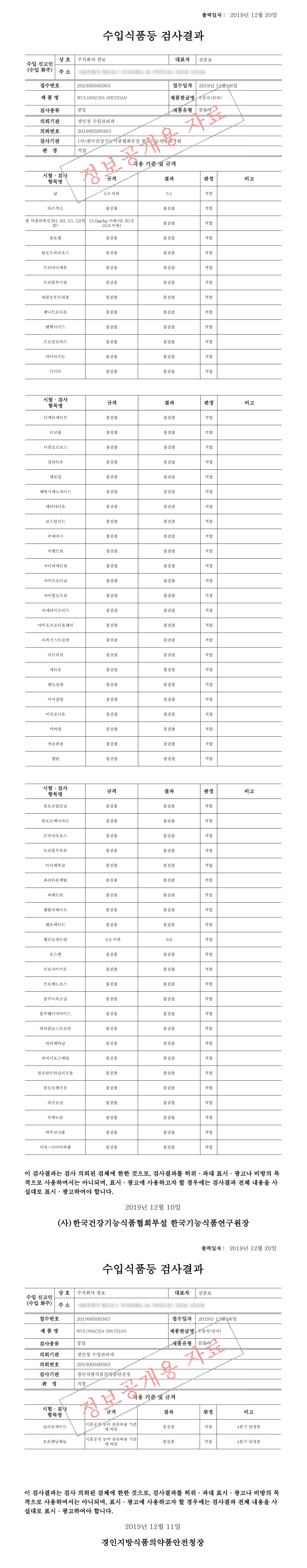 청차 암차 잔류농약 정밀검사 결과표 BOCHA 보차