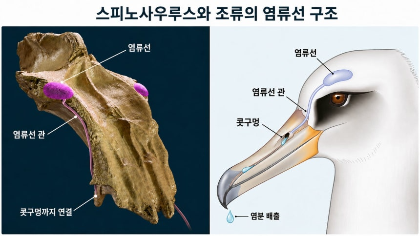스피노사우루스와 조류의 염류선 비교./자료 Historical Biology, 제작 챗GPT