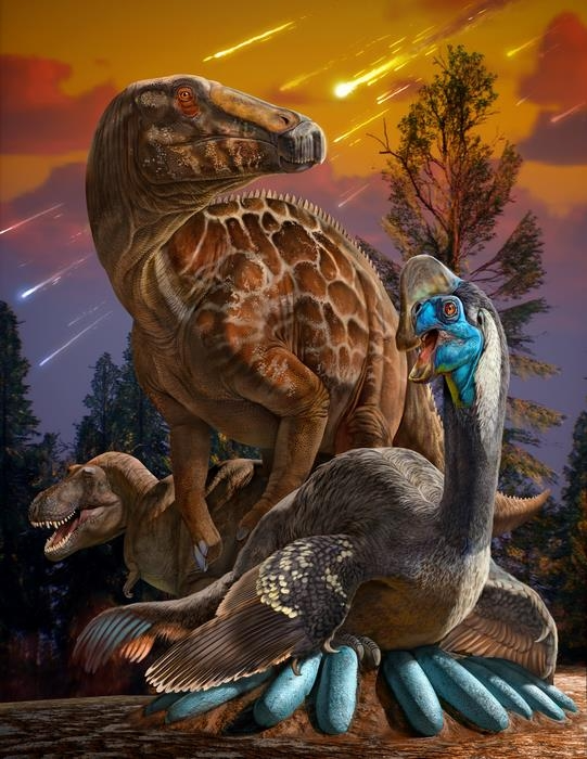 중국 중부 공룡(앞부터 오비랍토르, 하드로사우루스, 티라노사우루스) 상상도 