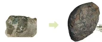 전남 신안 압해도에서 발견된 공룡 새알 화석(왼쪽)과 이를 입체적으로 복원한 모습./국제 학술지 ‘고지리학, 고기후학, 고생태학’