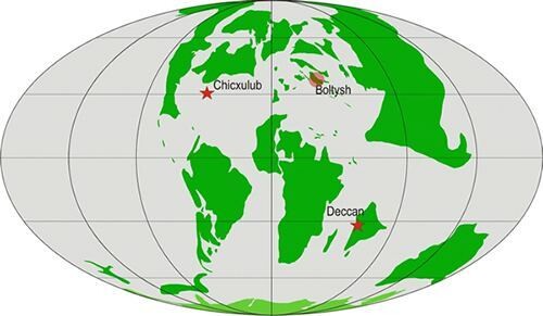 칙술루브 충돌과 볼티시 충돌, 데칸 트랩(화산폭발) 위치. Alchetron 제공