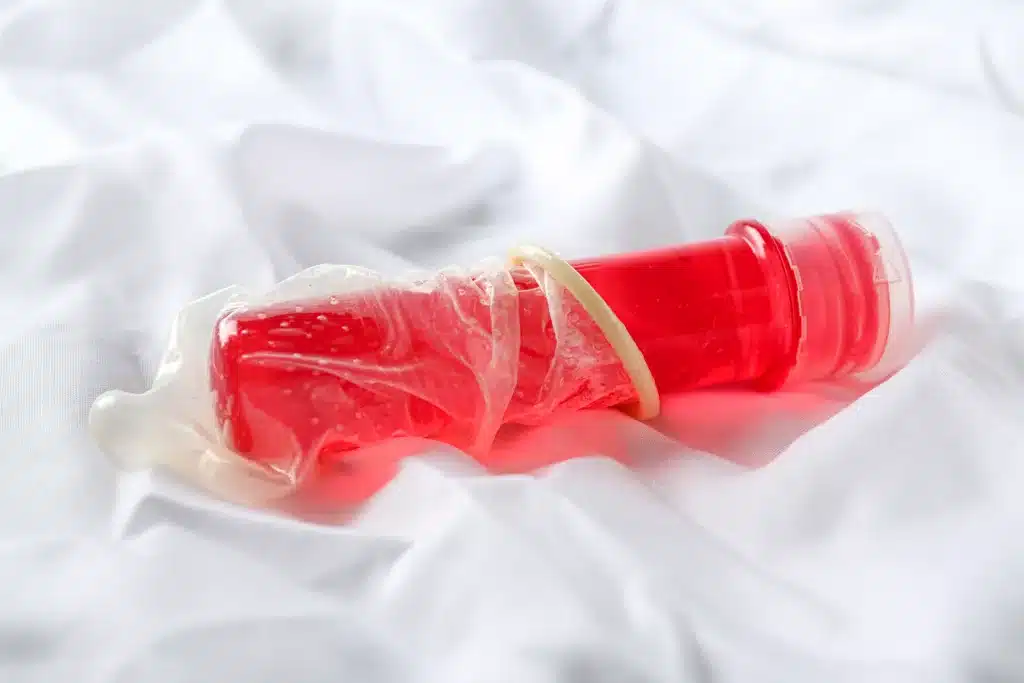 러브젤 100% 활용 가이드 2 condom on a red bottle with lubricant on a white b 2023 11 27 05 07 03 utc