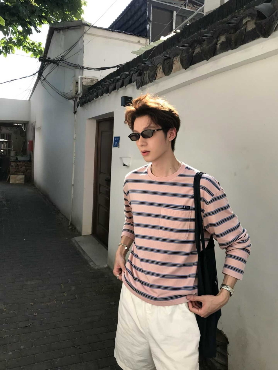 프라다 스트라이프 코튼 포켓 티셔츠