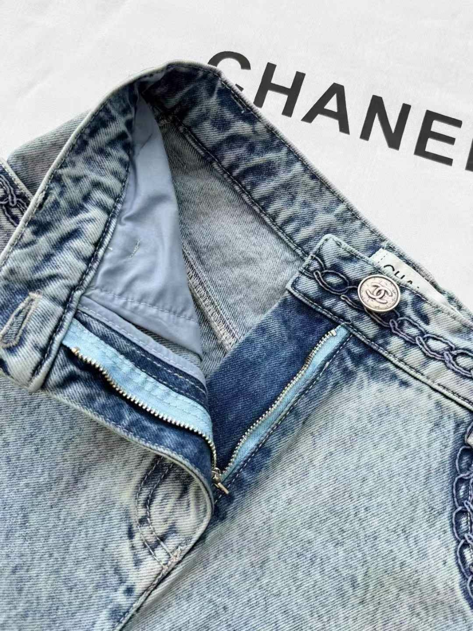 샤넬 체인 자수 와이드 데님 진