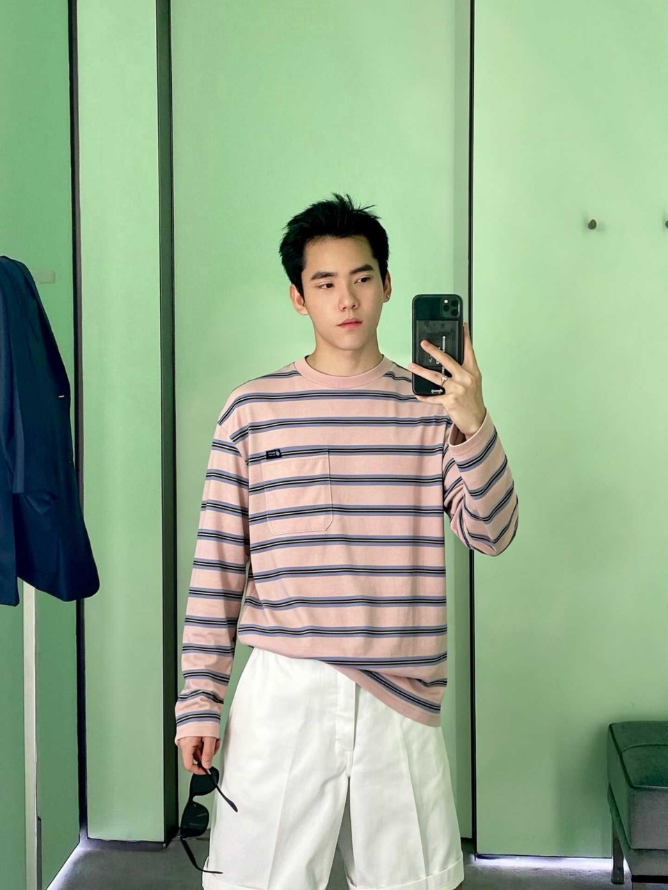 프라다 스트라이프 코튼 포켓 티셔츠