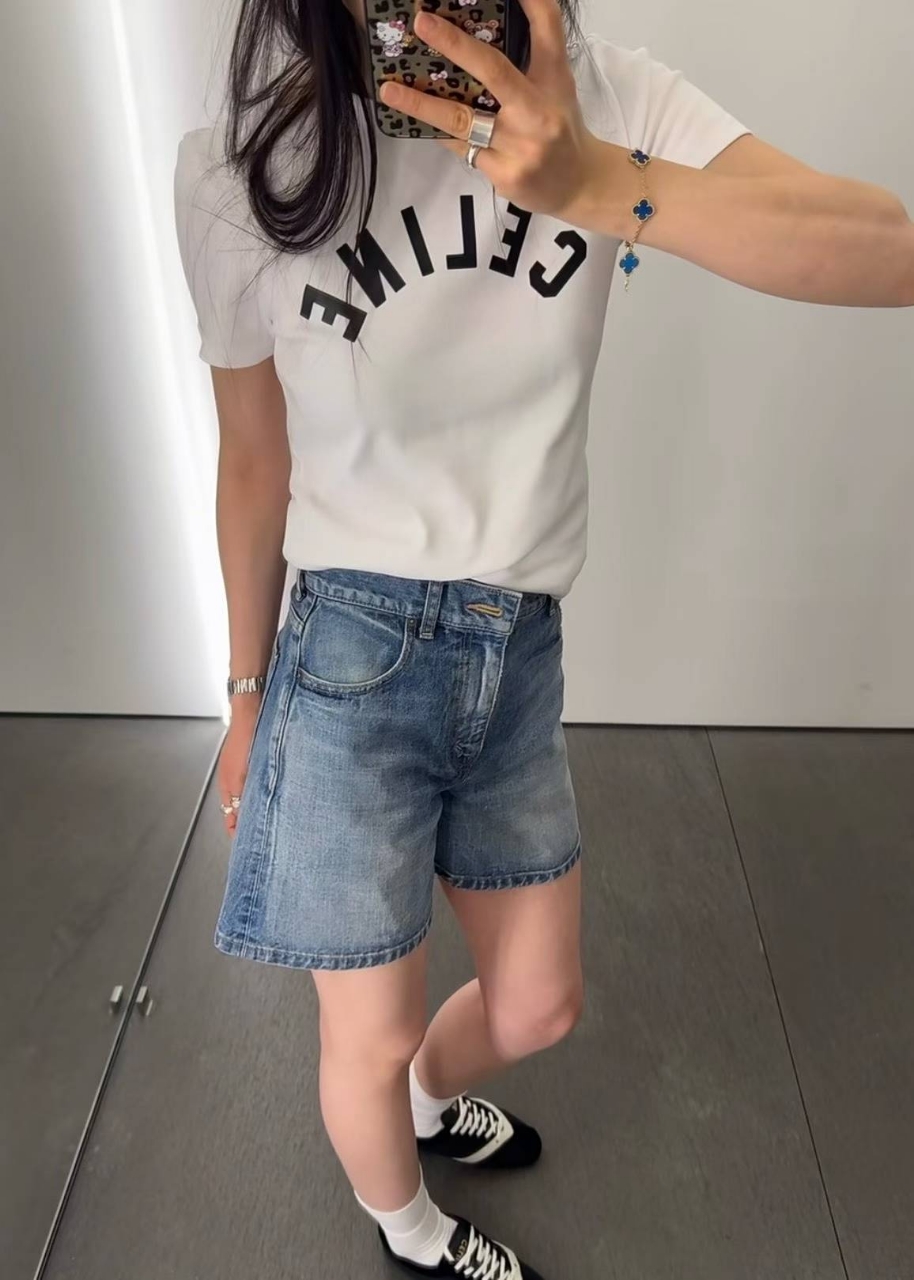 셀린느 리브드 코튼 저지 티셔츠