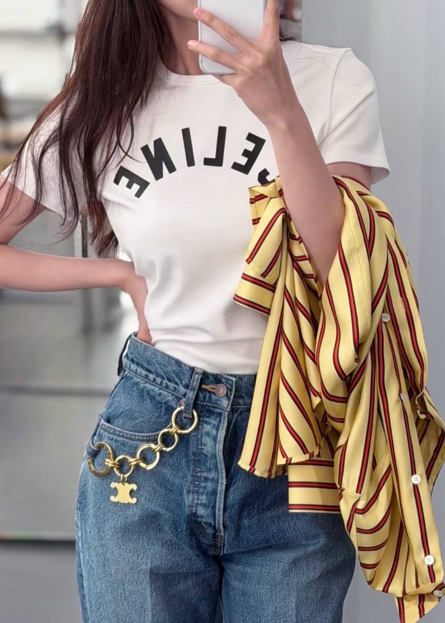 셀린느 리브드 코튼 저지 티셔츠